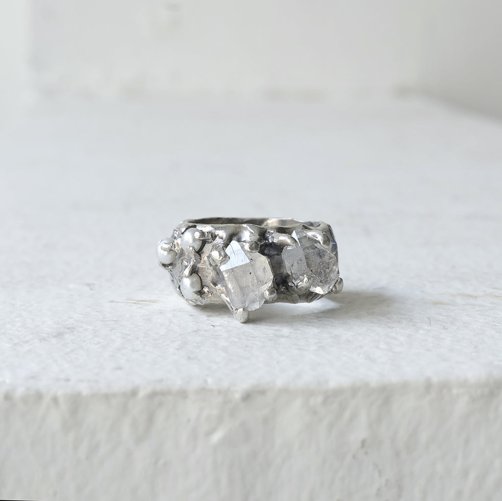 Herkimer diamonds & freshwater pearls cluster ring