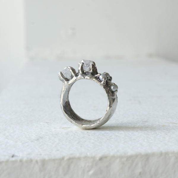 Herkimer diamonds & freshwater pearls cluster ring