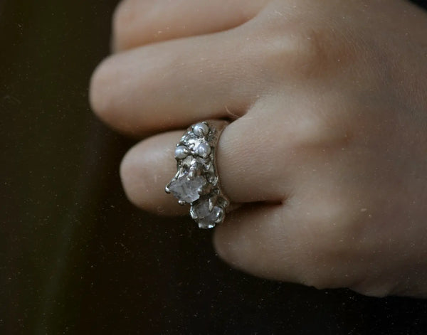 Herkimer diamonds & freshwater pearls cluster ring
