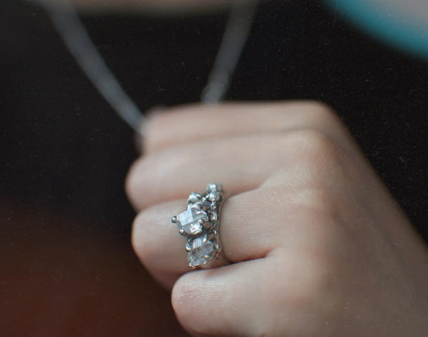 Herkimer diamonds & freshwater pearls cluster ring